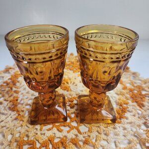 Amber Glass Aperitif Glasses Starburst Square Base Barware Mid Century Vintage